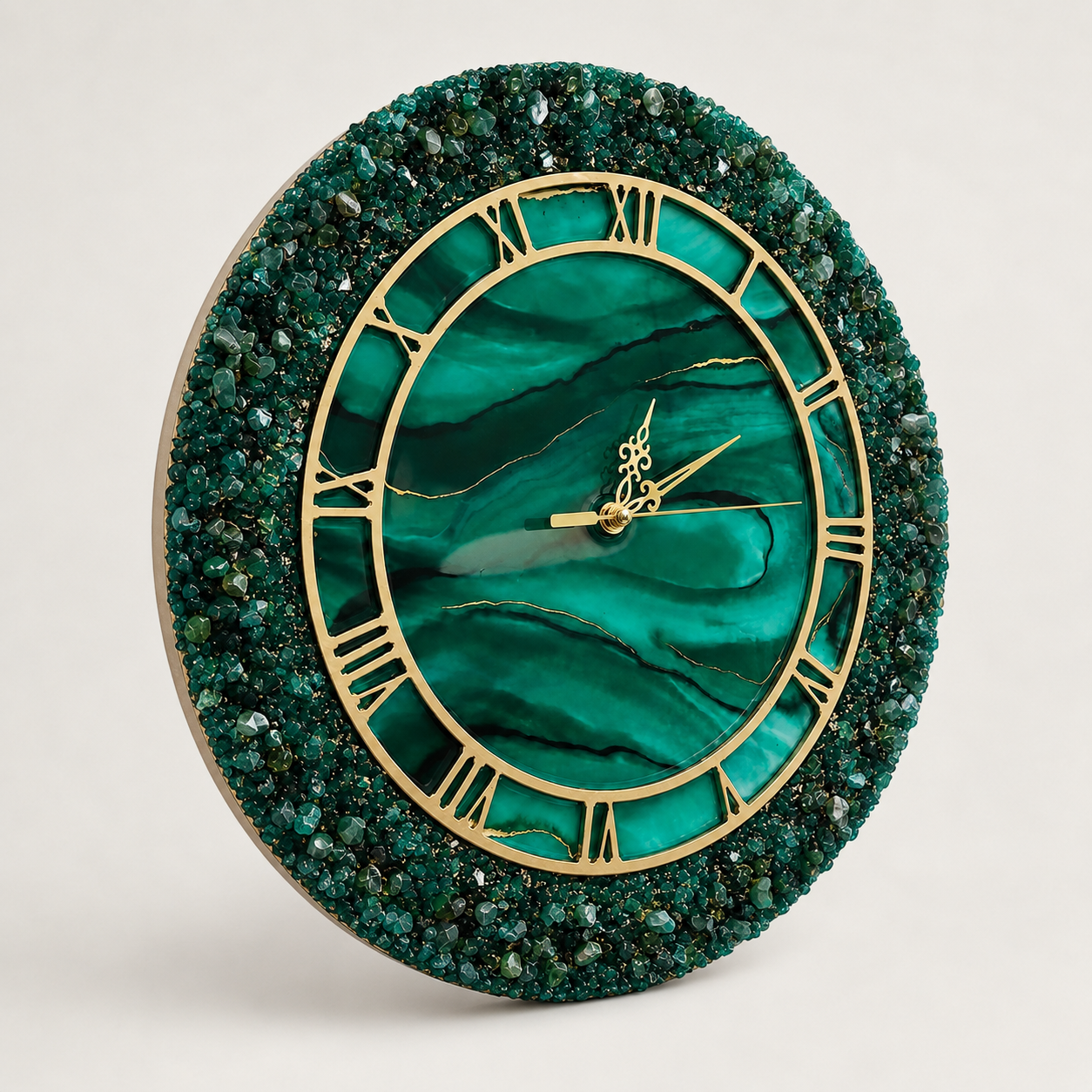 Angled view of emerald green resin wall clock with crystal textured border