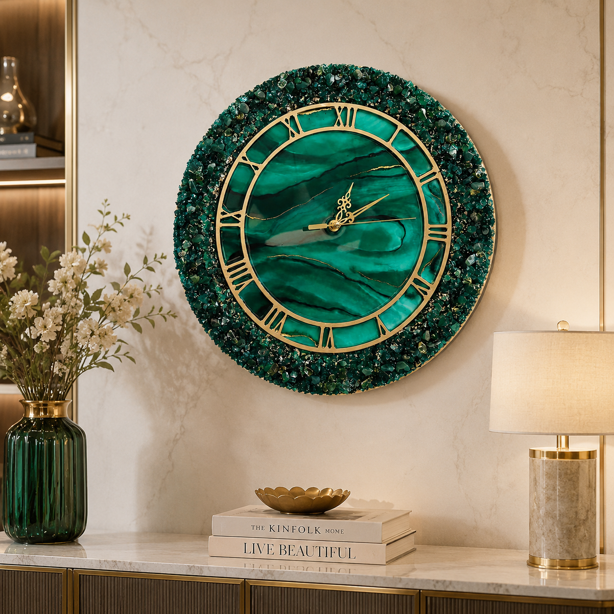Emerald green crystal resin wall clock displayed on a modern living room wall