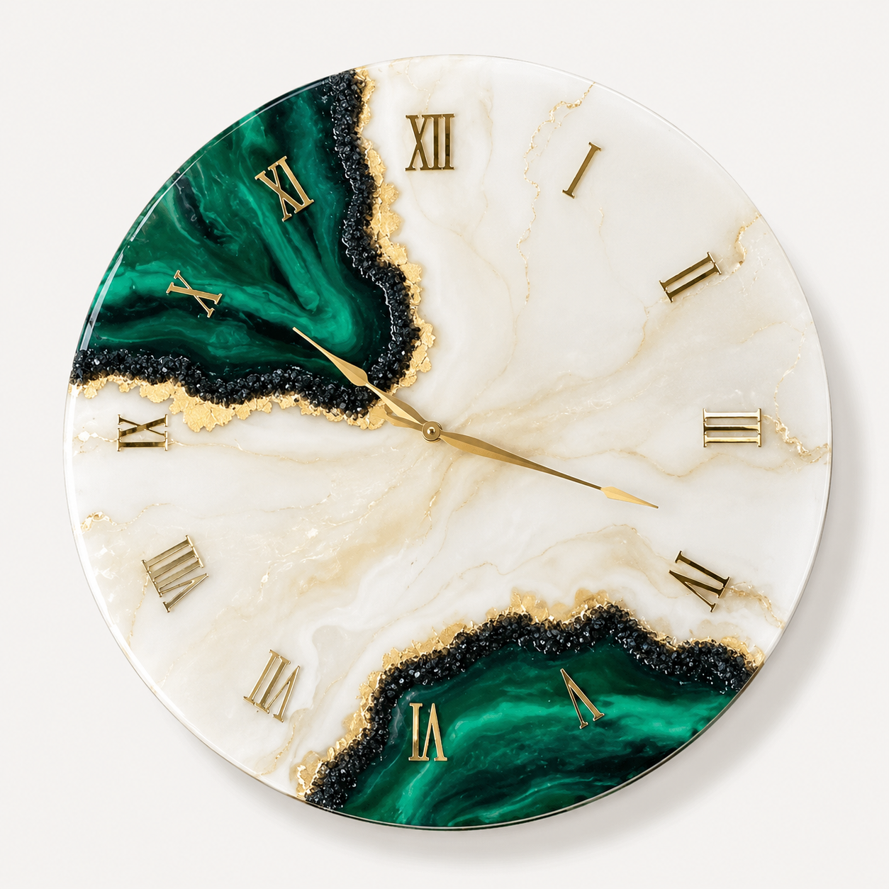 
Green geode marble resin wall clock with gold Roman numerals and glossy finish