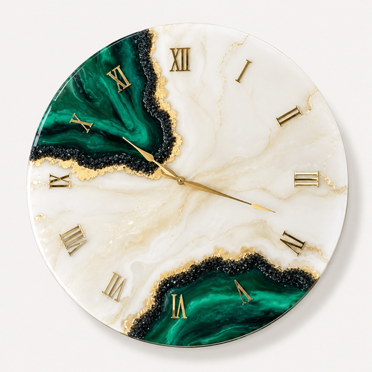 
Green geode marble resin wall clock with gold Roman numerals and glossy finish