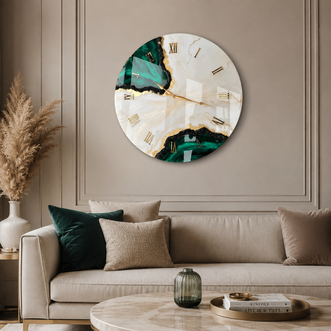 Green geode marble resin wall clock displayed on an elegant living room wall