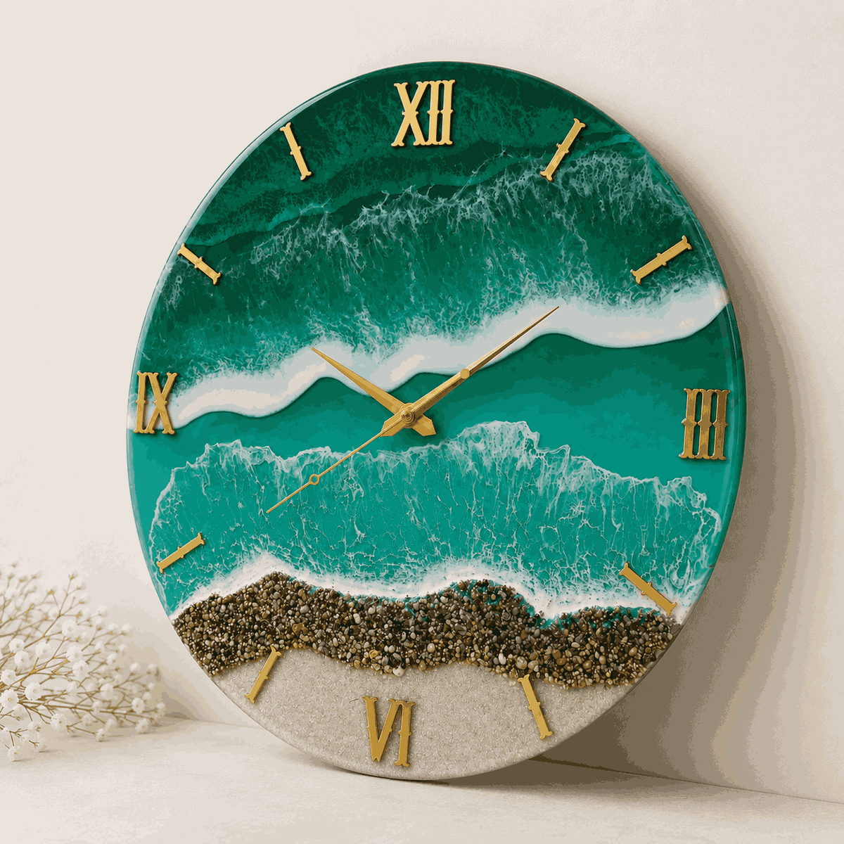 Three-quarter view of handmade green ocean resin wall clock with shoreline design