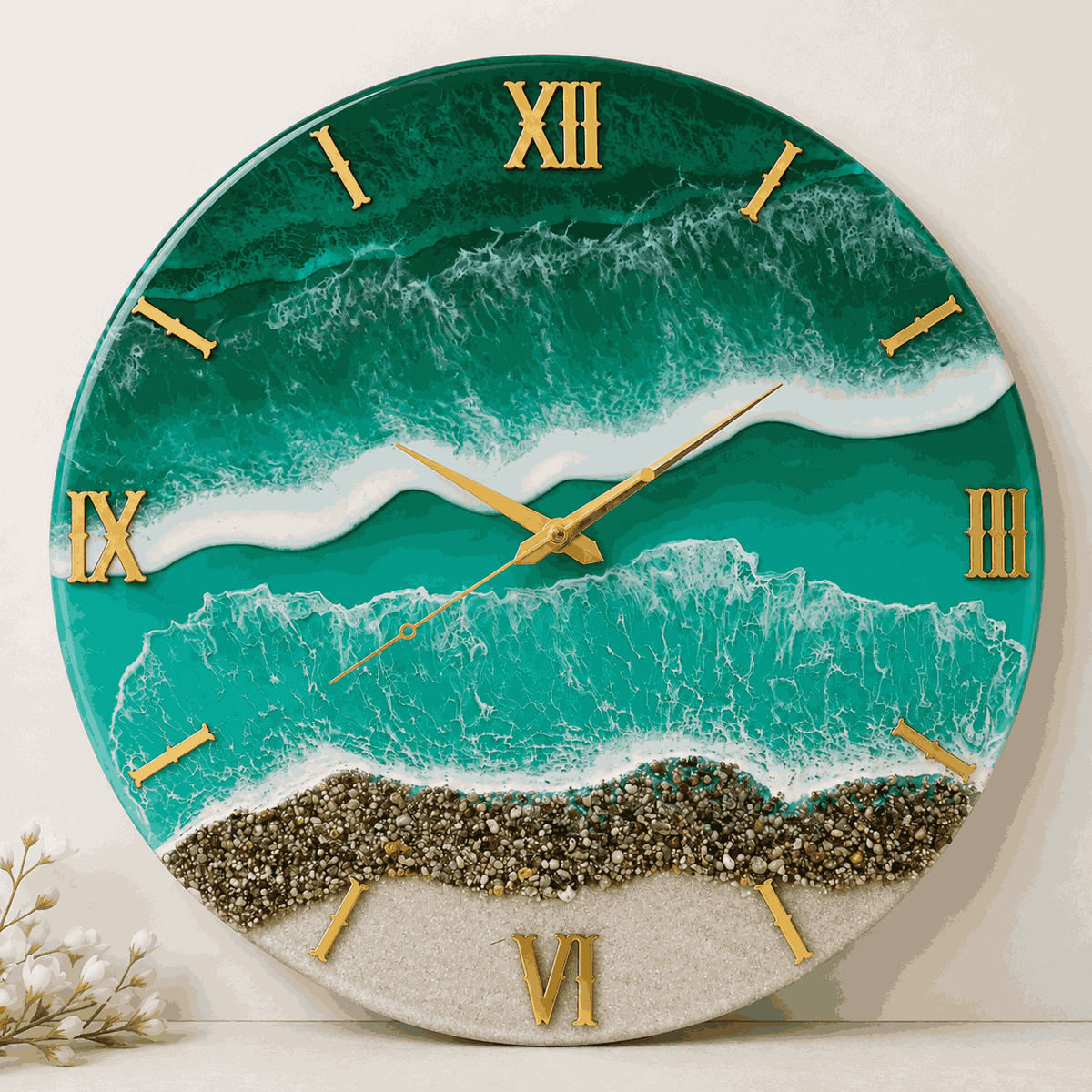 Green ocean resin wall clock with layered waves and gold hour details
