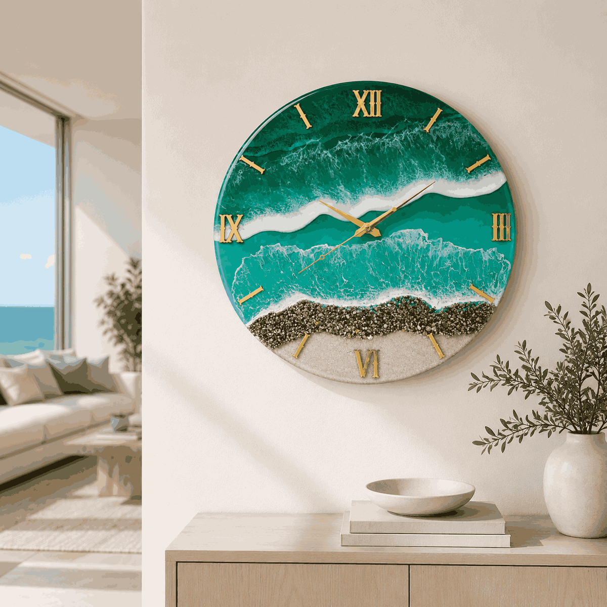 Green ocean resin wall clock displayed on a modern coastal living room wall