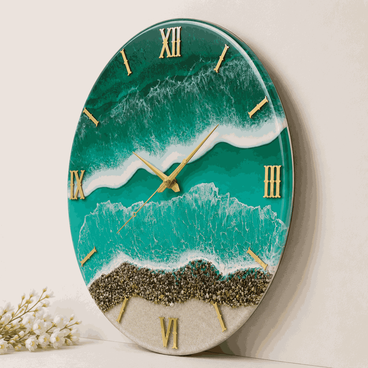 Slim side view of green ocean resin wall clock showing glossy resin edge