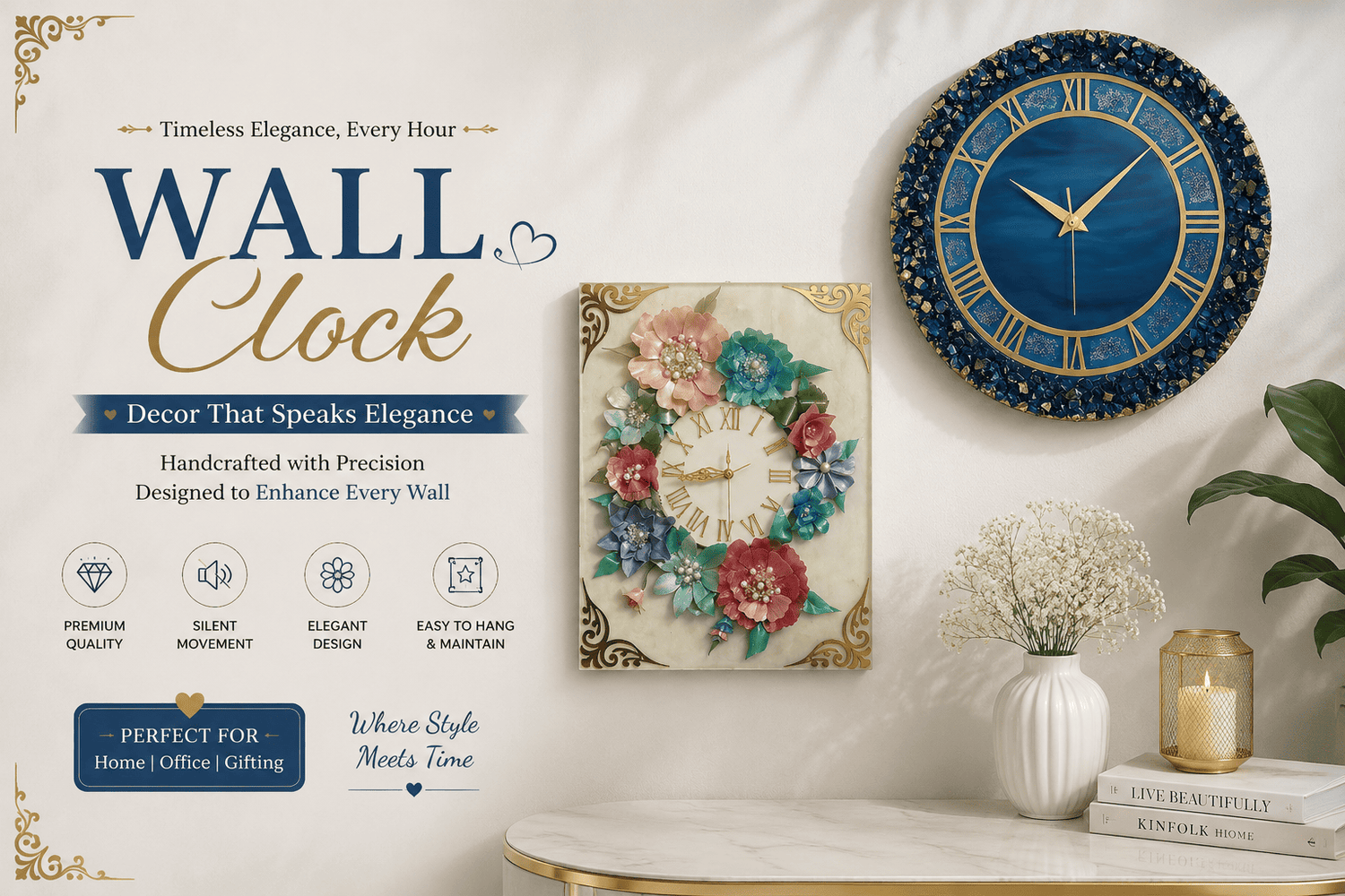 "Luxury floral resin wall clock with handcrafted 3D flowers, gold accents, Roman numeral dial, and premium wall décor for living room, bedroom, and office."