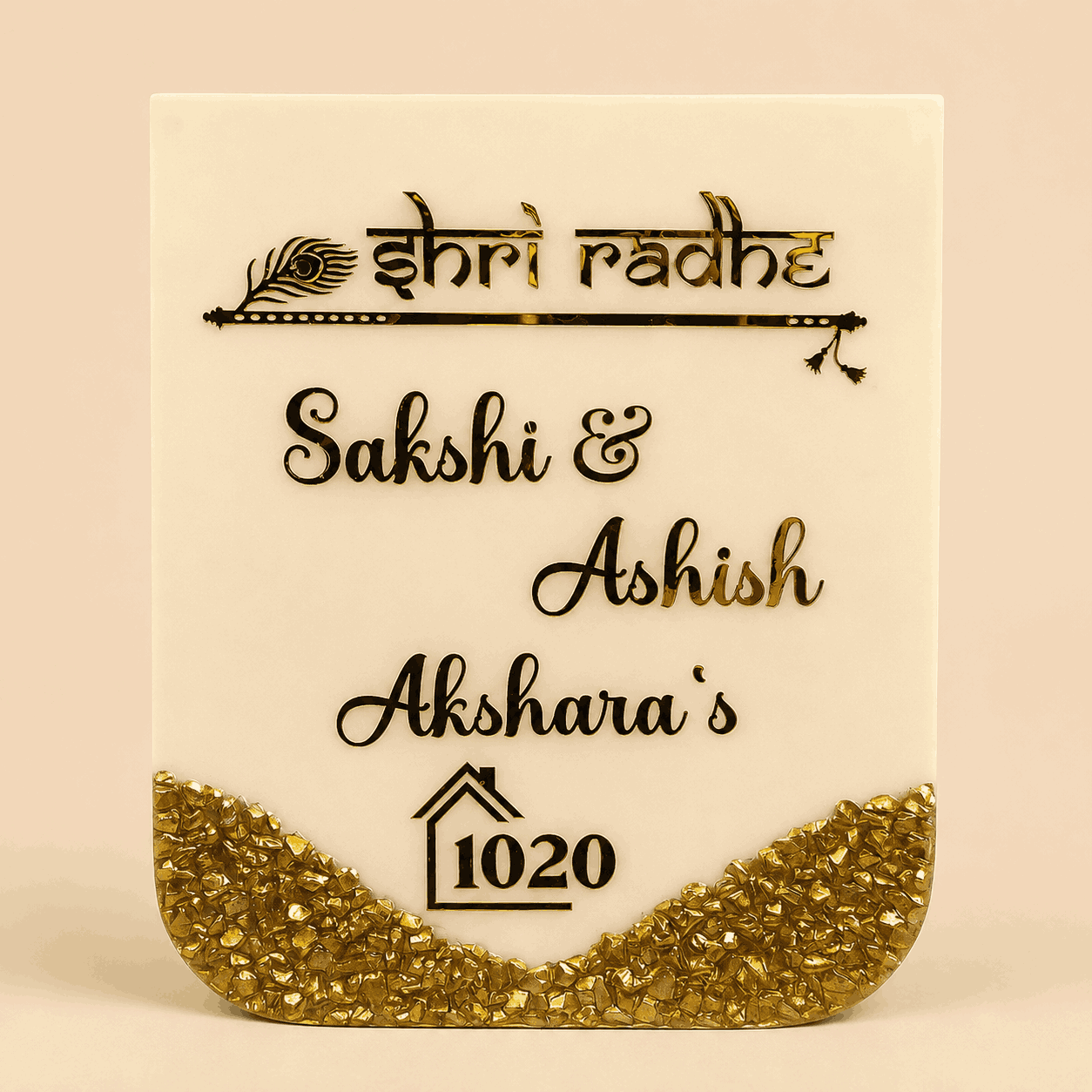 Ivory Radhe Krishna Resin Name Plate with personalized family names, peacock feather and gold detailing