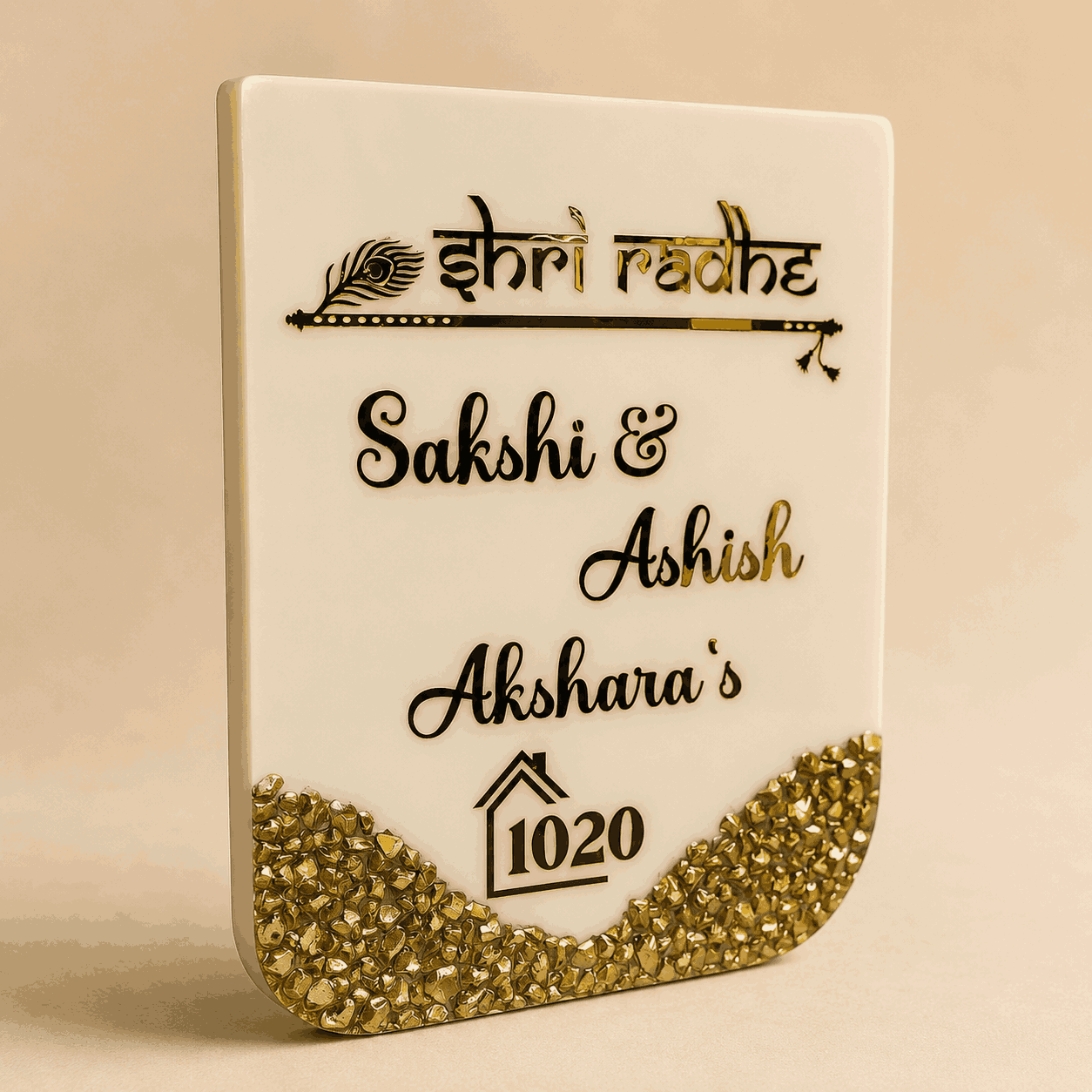 Side angle view of Ivory Radhe Krishna Resin Name Plate showing slim edge and gold decorative details