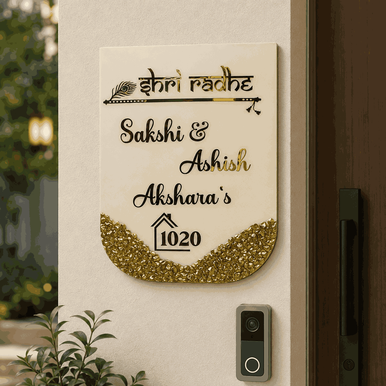 Ivory Radhe Krishna Resin Name Plate displayed beside a modern home entrance door