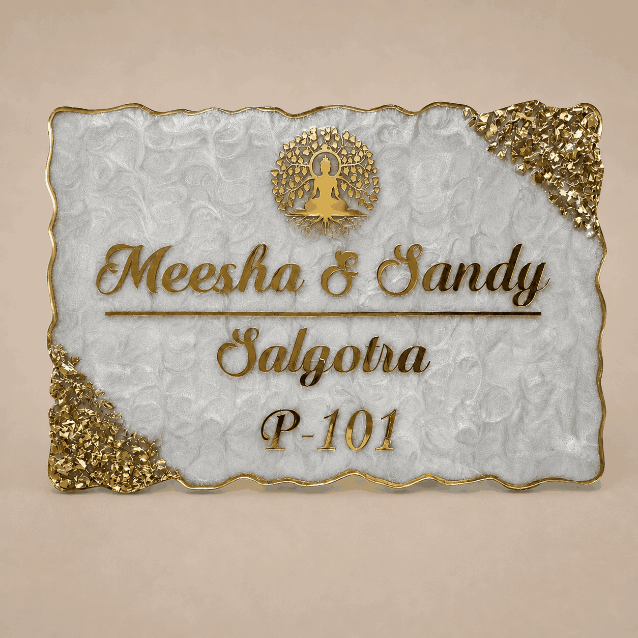 Light Grey Buddha Gold Resin Name Plate with personalized names and textured gold corner accents
