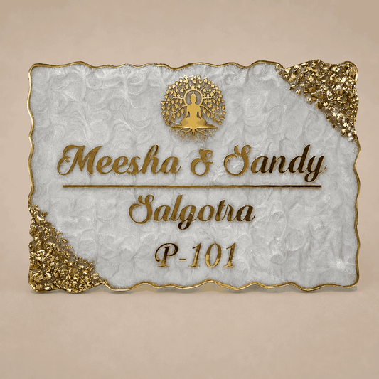 Light Grey Buddha Gold Resin Name Plate with personalized names and textured gold corner accents