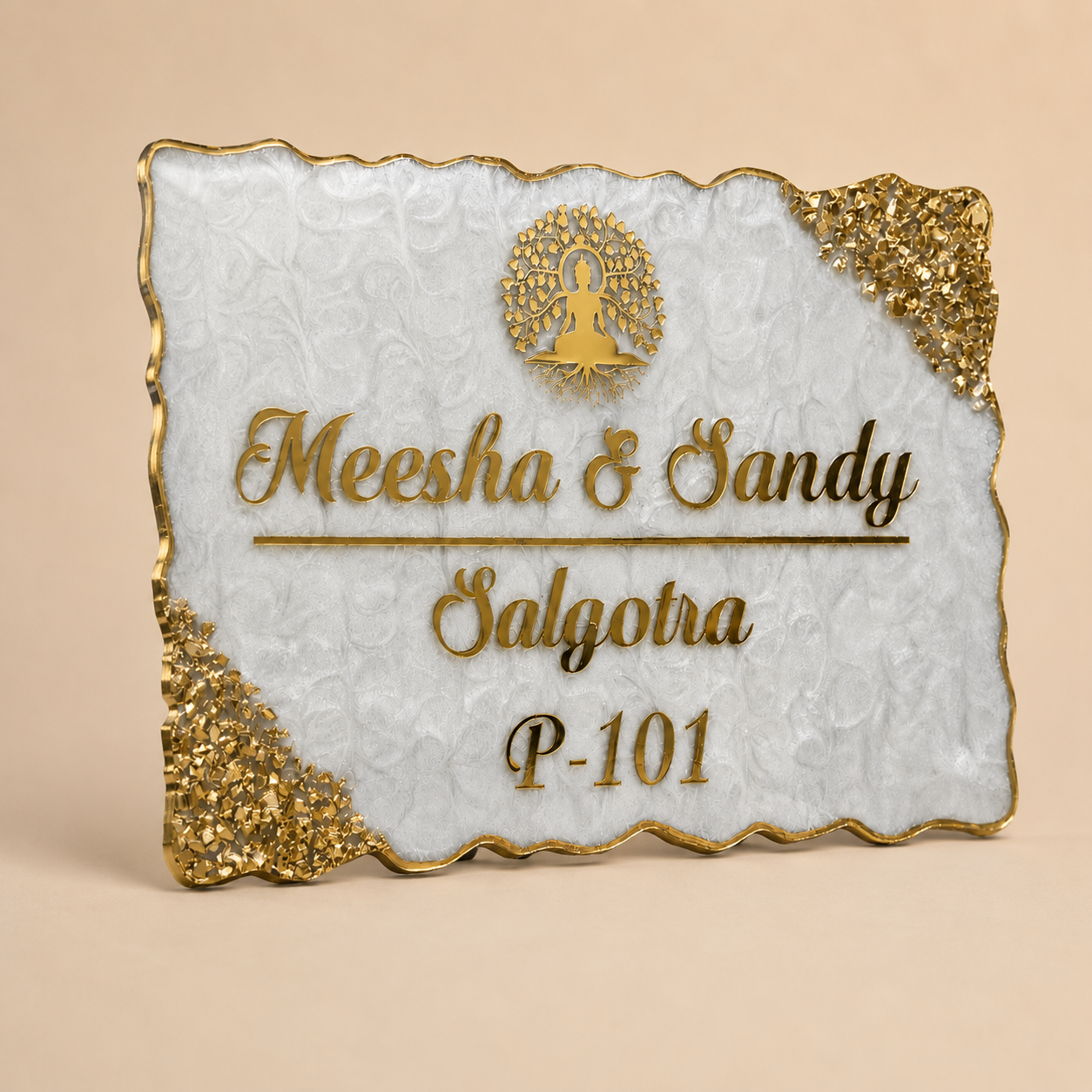 Side angle view of Light Grey Buddha Gold Resin Name Plate with slim edge and gold lettering