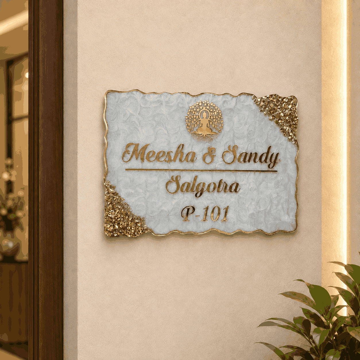 Light Grey Buddha Gold Resin Name Plate displayed on an elegant home entrance wall