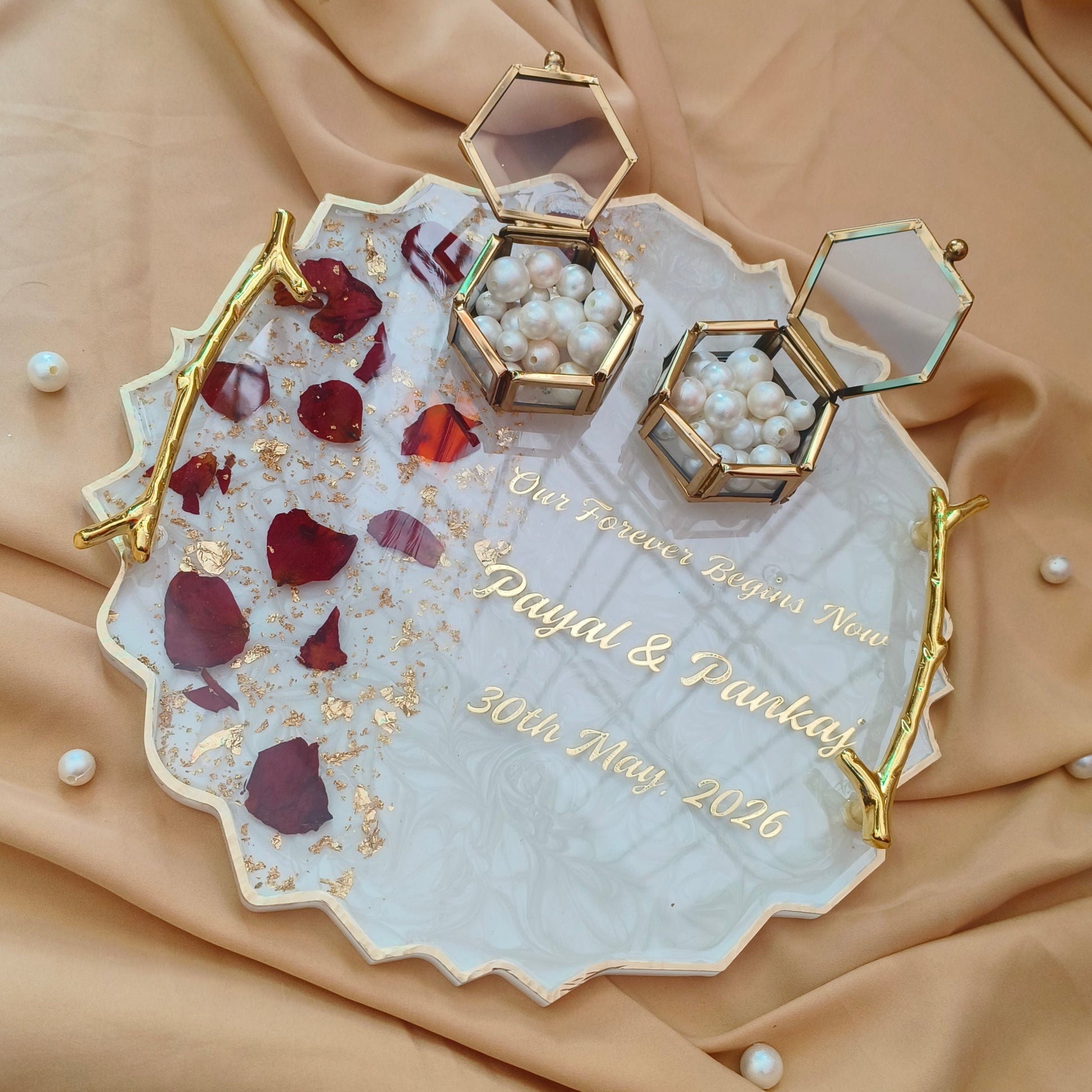 Custom blue floral engagement ring platter made with resin, preserved flowers and personalized couple names for wedding ceremonies.