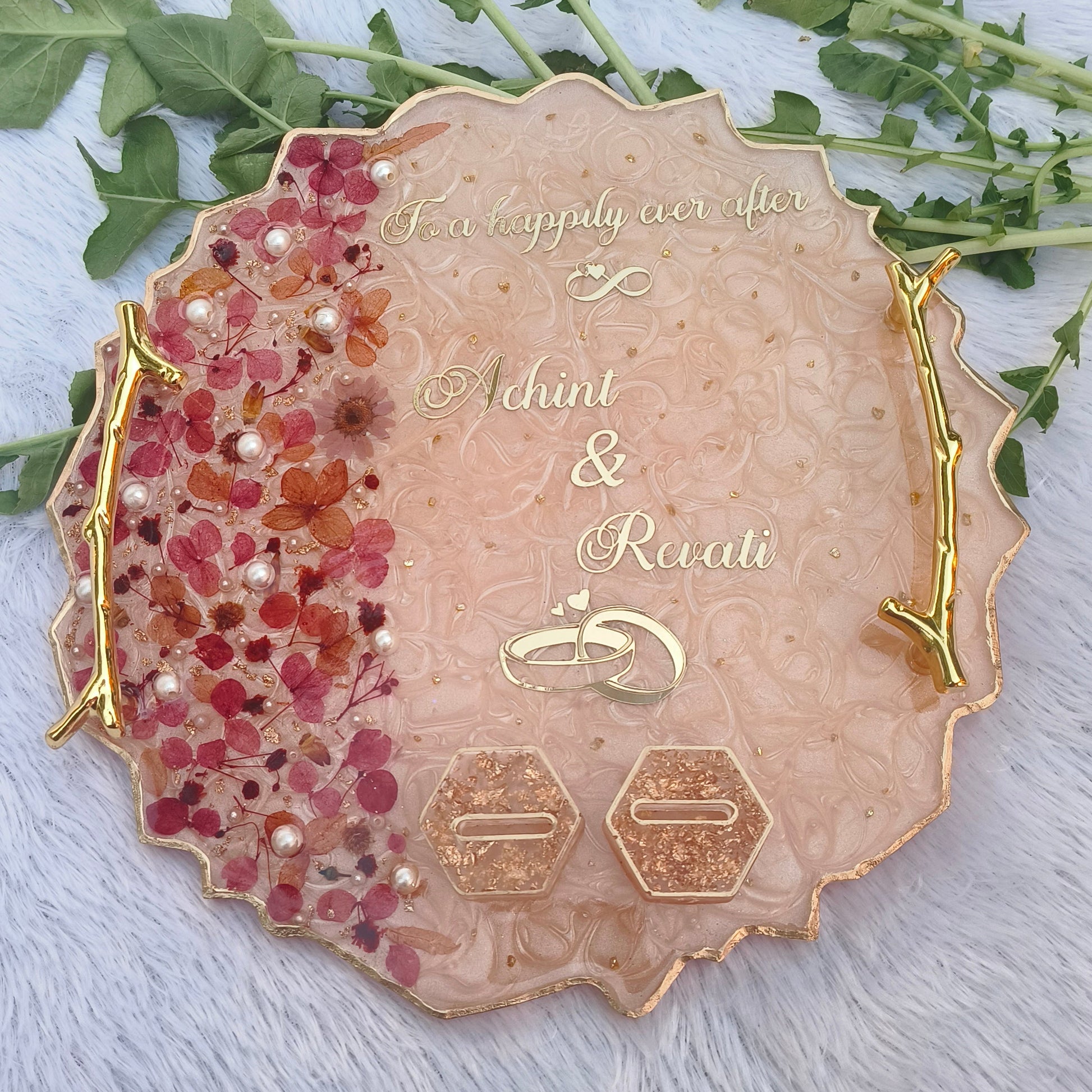 Custom engagement ring platter handcrafted in resin, designed for ring exchange ceremonies, proposals, and personalized wedding celebrations.