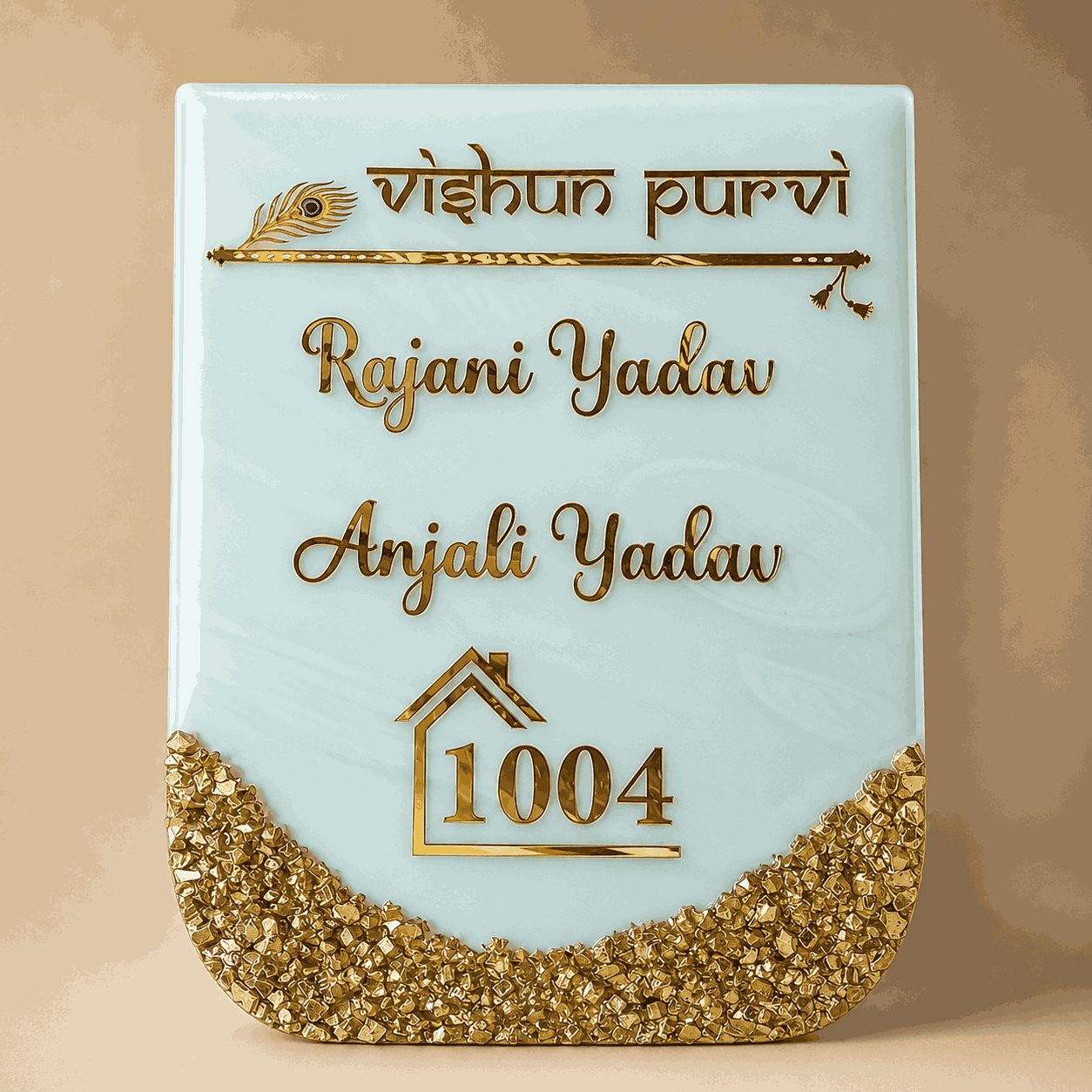 Mint Green Krishna Flute Resin Name Plate with gold lettering, peacock feather design and house number