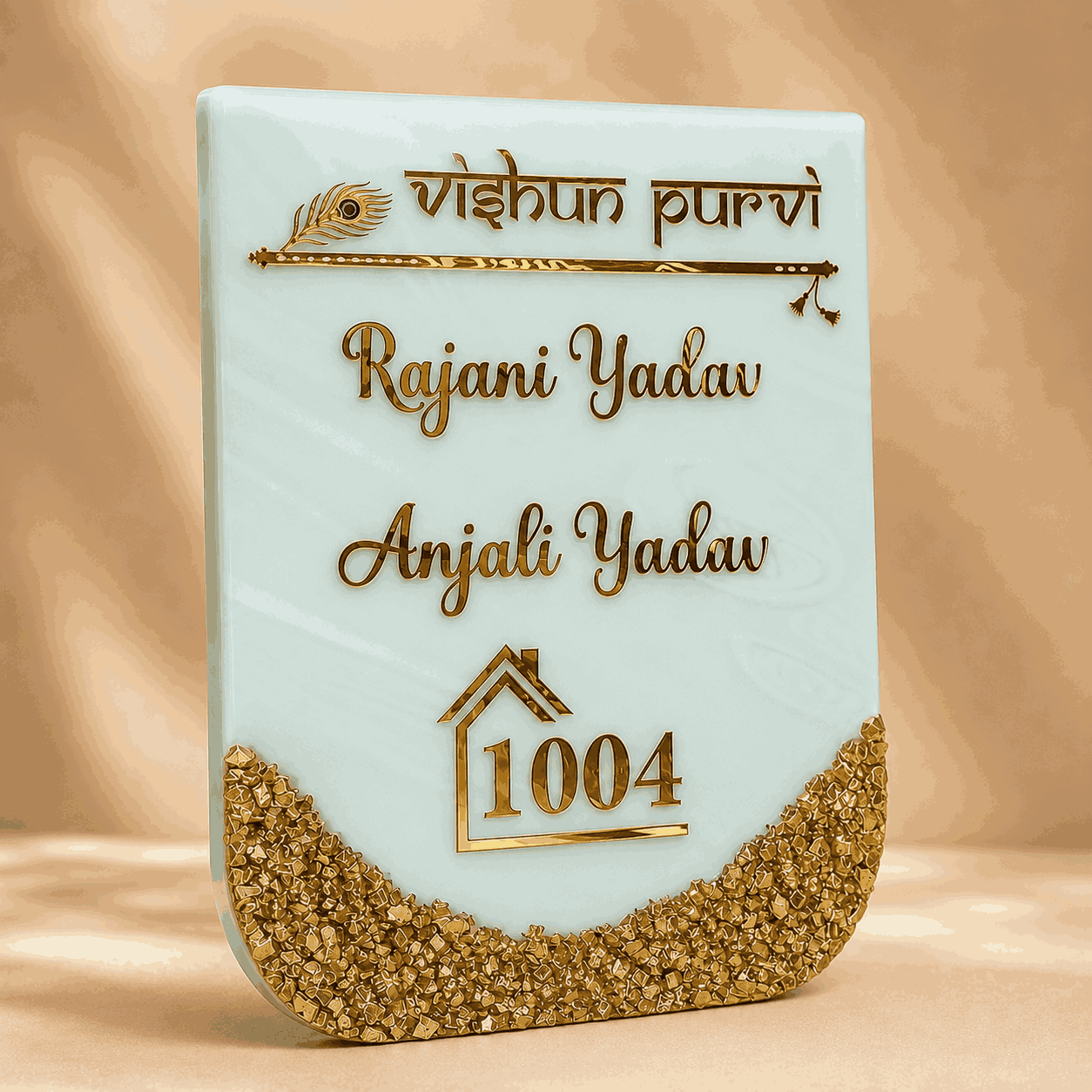 Right angle view of personalized mint green resin name plate with Krishna flute design and gold border
