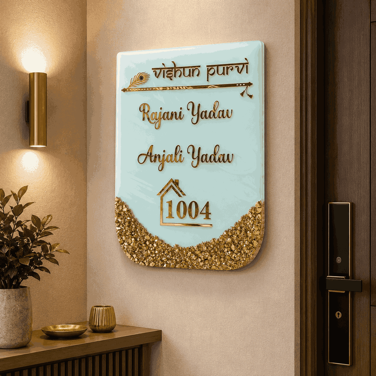 Mint Green Krishna Flute Resin Name Plate displayed beside a modern home entrance door