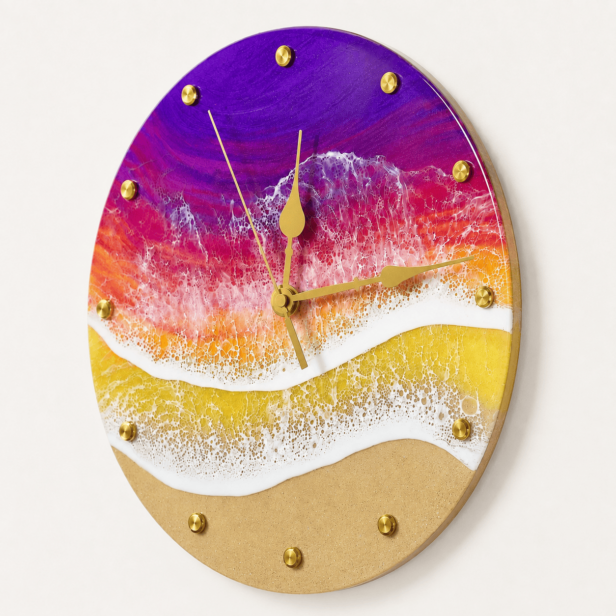 Angled view of multicolor ocean resin wall clock with colorful beach wave design