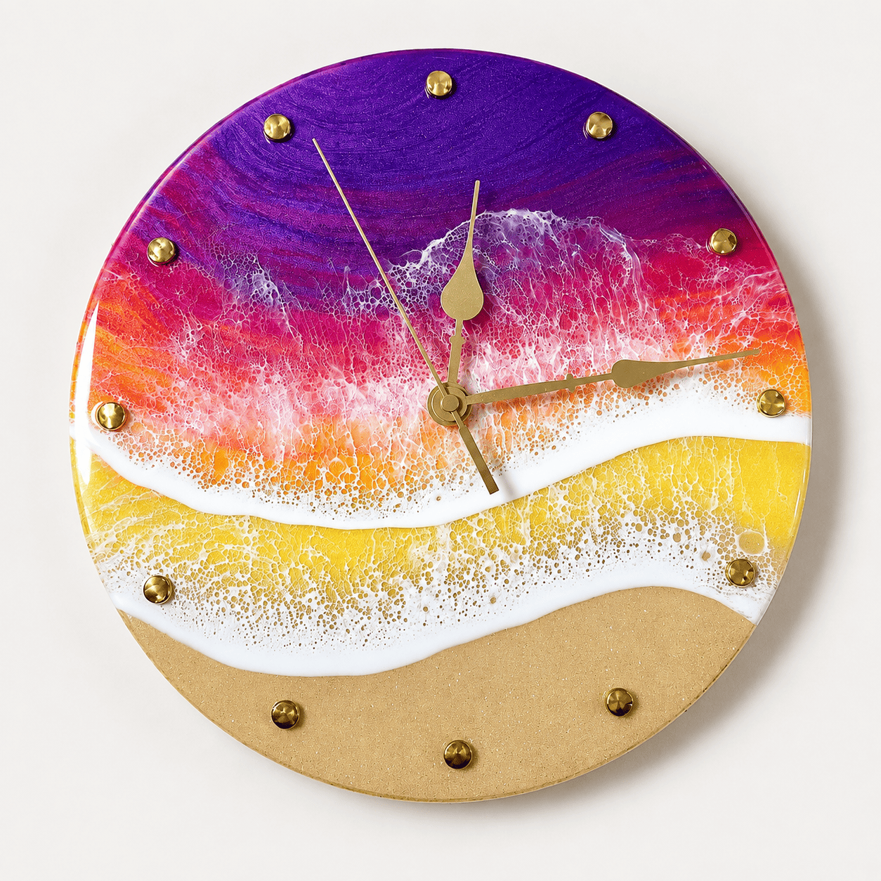 Multicolor ocean resin wall clock with sunset waves and gold hour markers