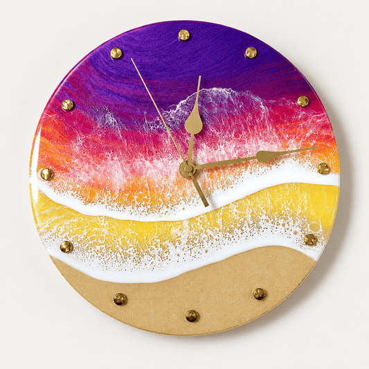 Multicolor ocean resin wall clock with sunset waves and gold hour markers