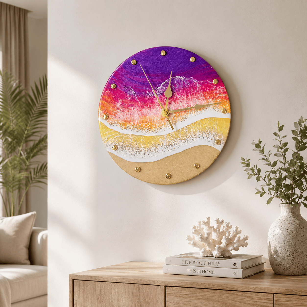Multicolor ocean resin wall clock displayed on a modern living room wall