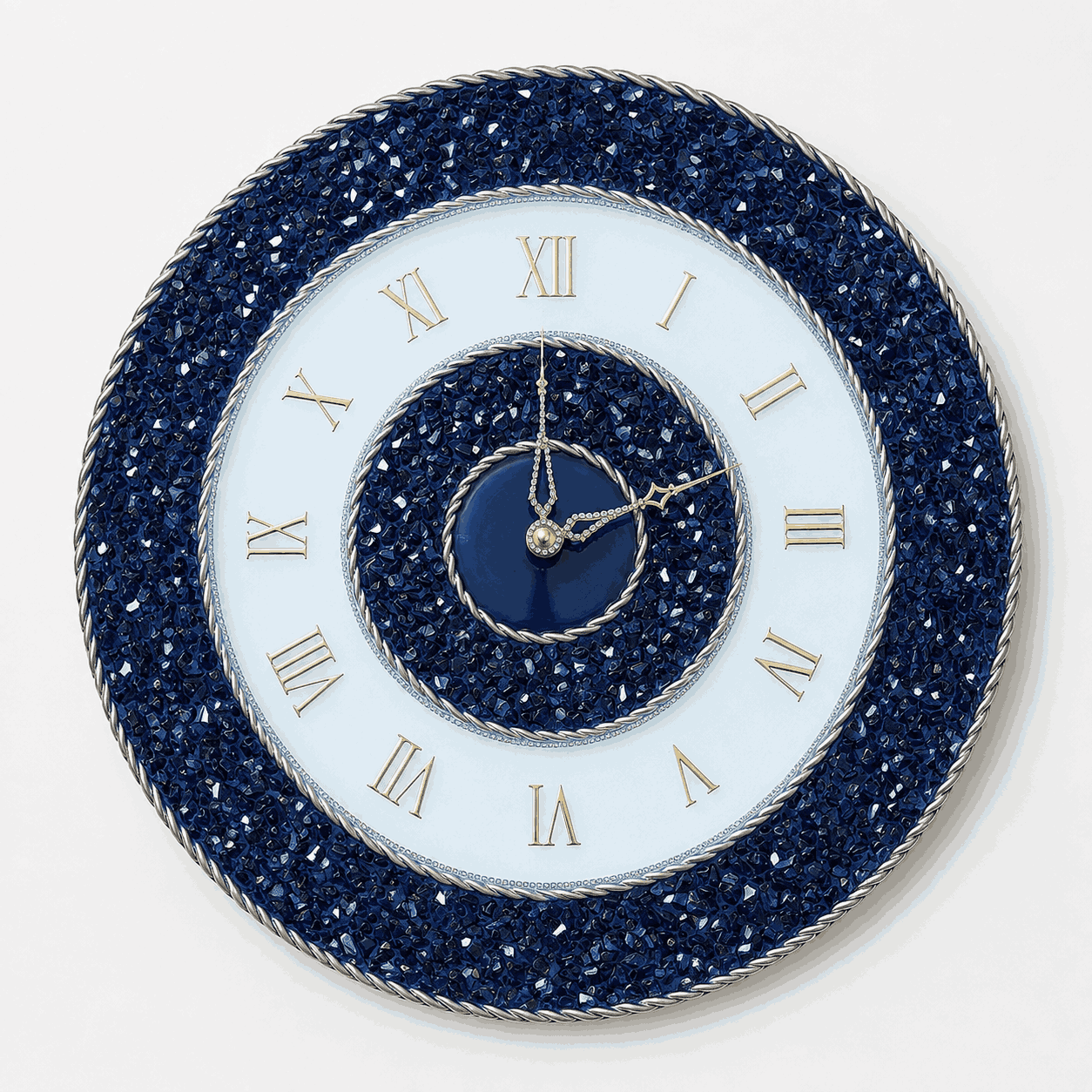 Navy blue and white crystal resin wall clock with gold Roman numerals