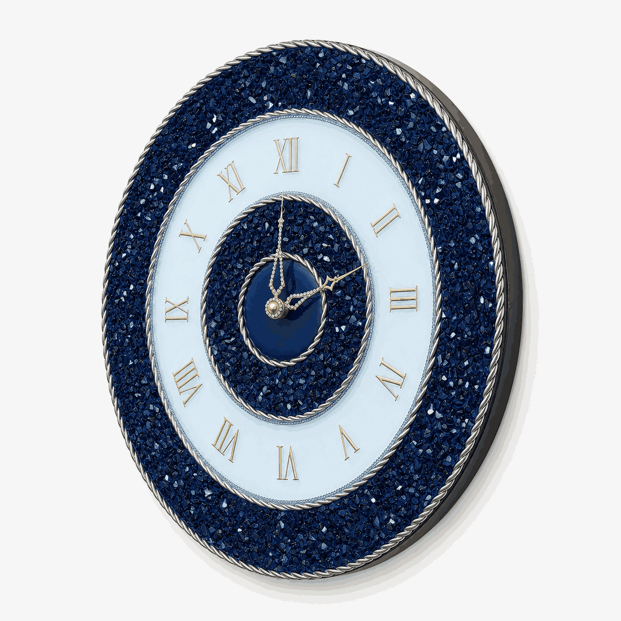 Side view of navy blue and white crystal resin wall clock showing slim resin profile
