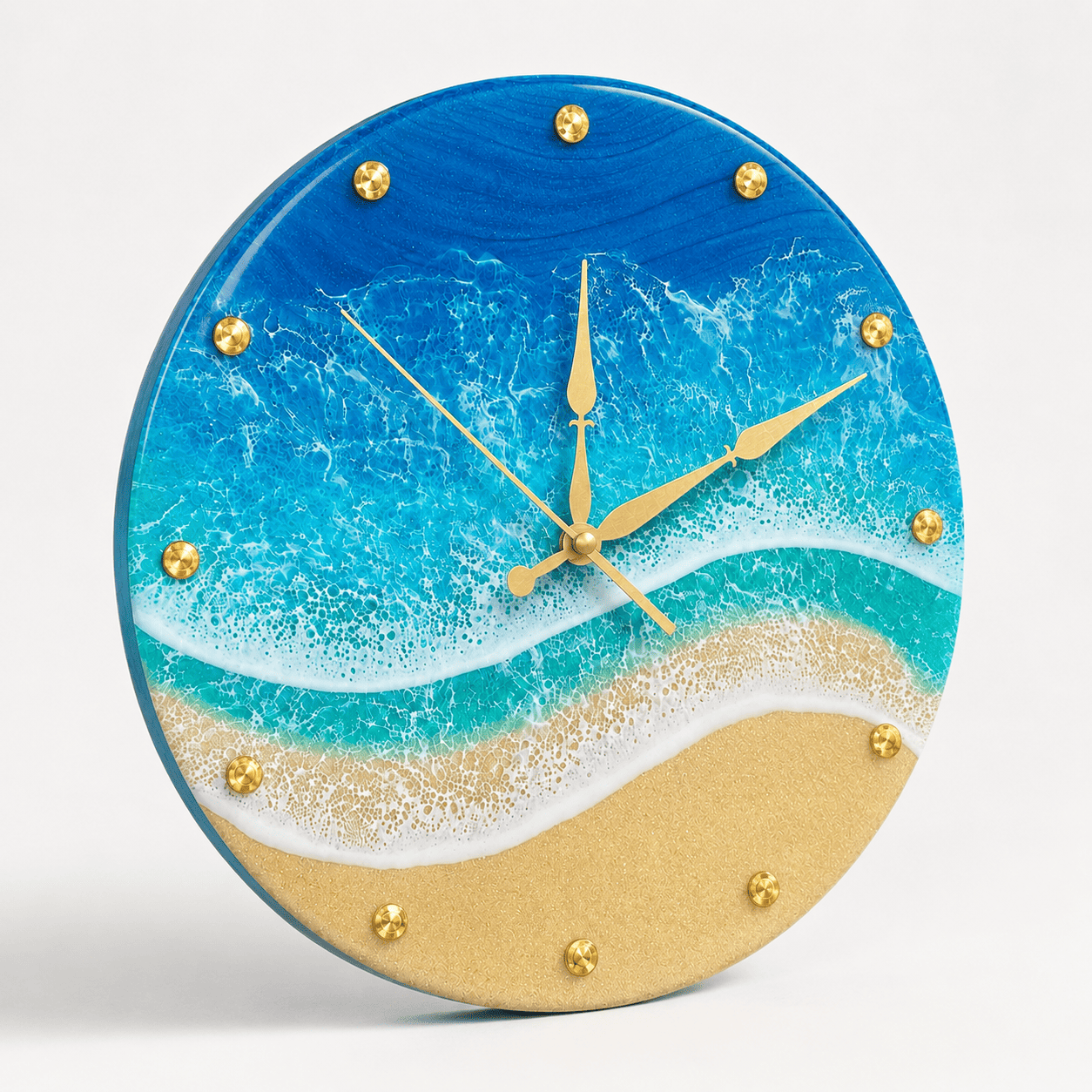 Side view of handmade ocean beach resin wall clock showing glossy resin depth