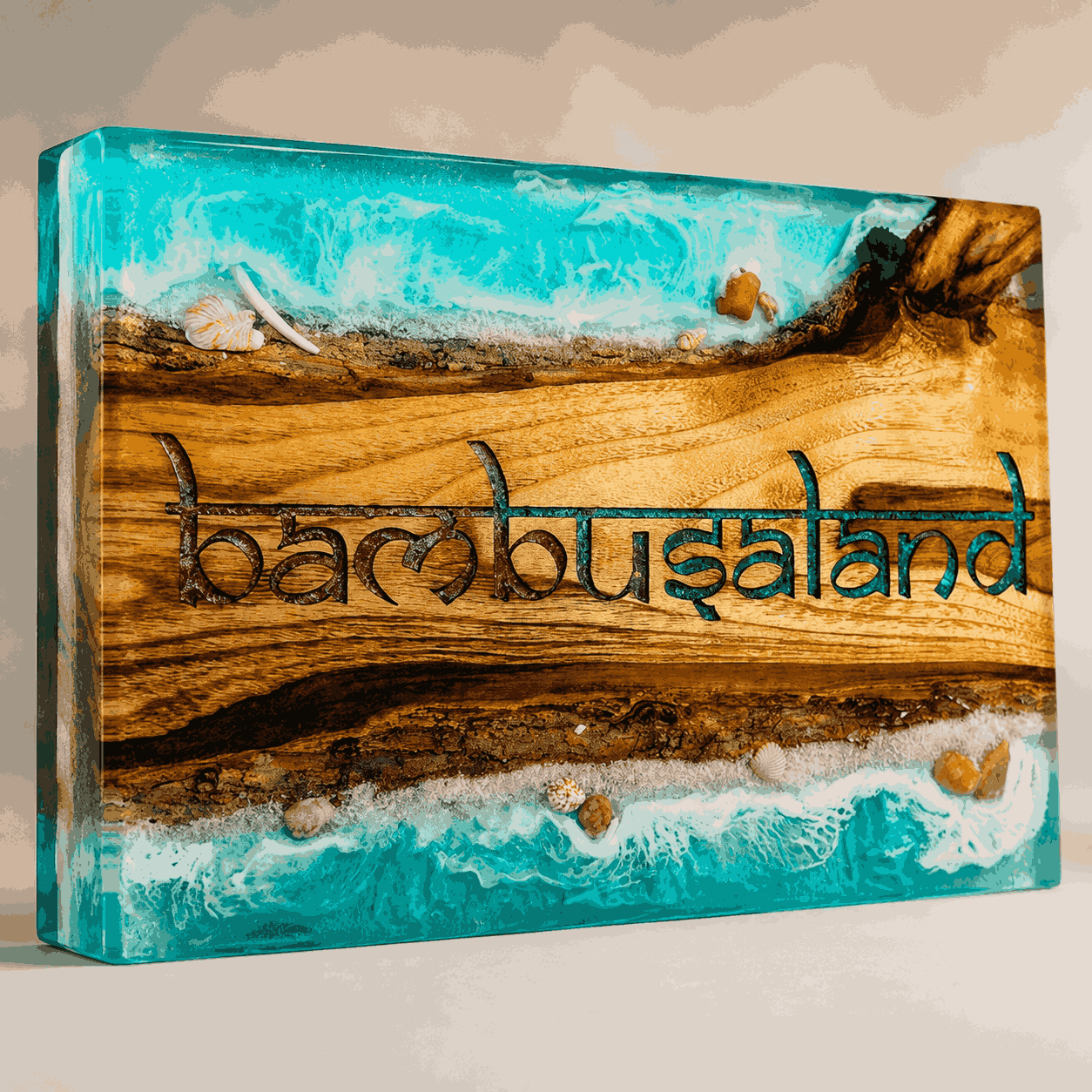 Left angle view of handmade ocean resin wooden name plate with blue waves and seashell details