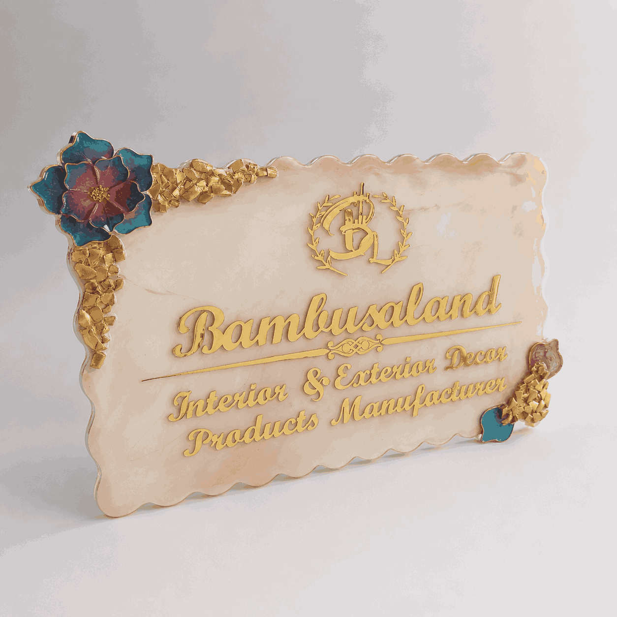 Angle view of peach floral resin name plate showing slim edge and gold decorative detailing