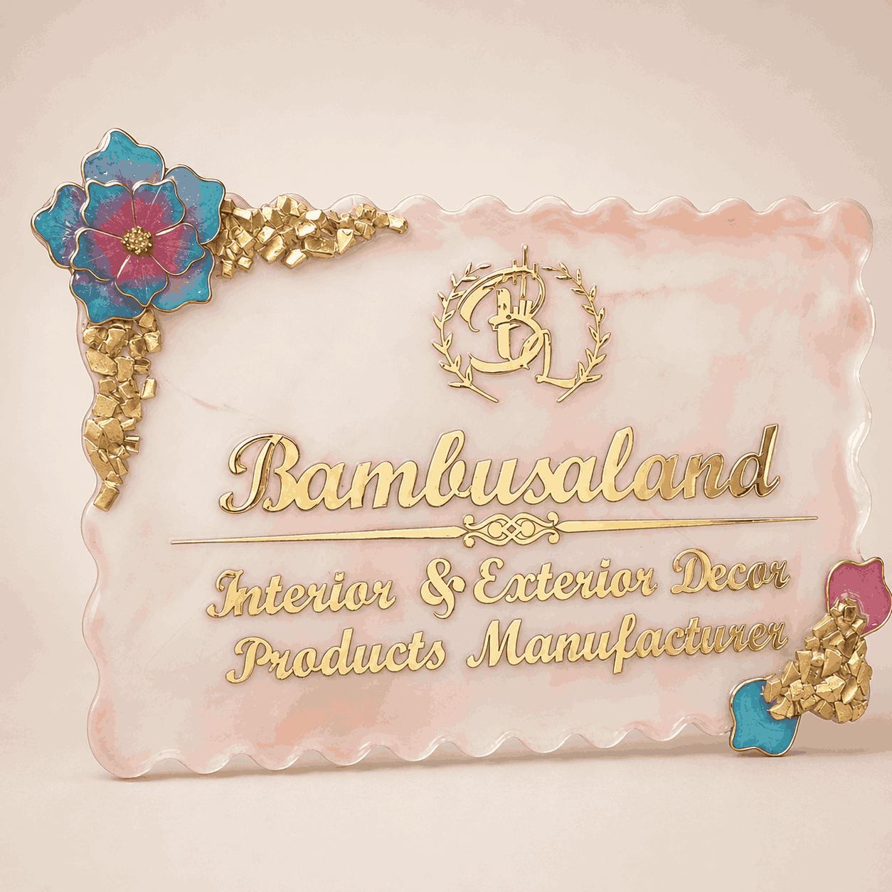Peach floral gold resin name plate with personalized lettering and decorative flower accents