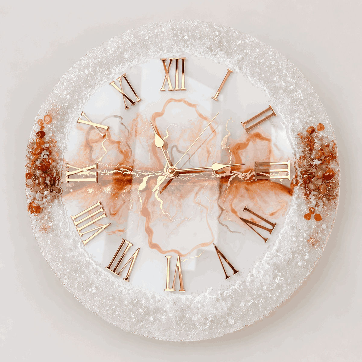 Peach and white crystal geode resin wall clock with gold Roman numerals