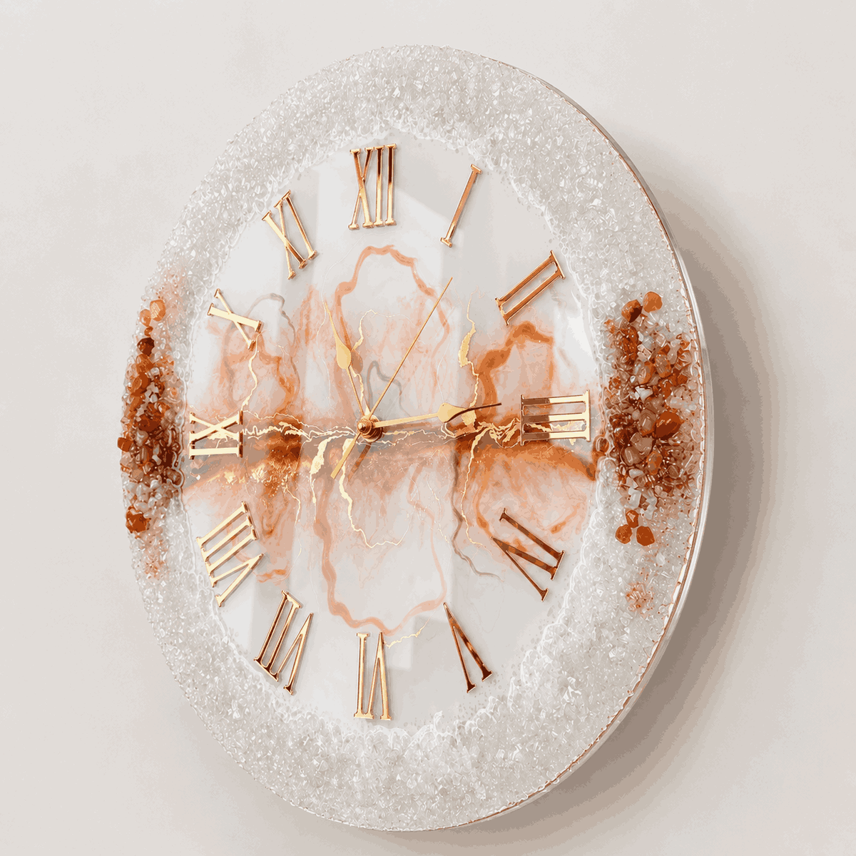 Slim side view of peach and white crystal geode resin wall clock with gold detailing