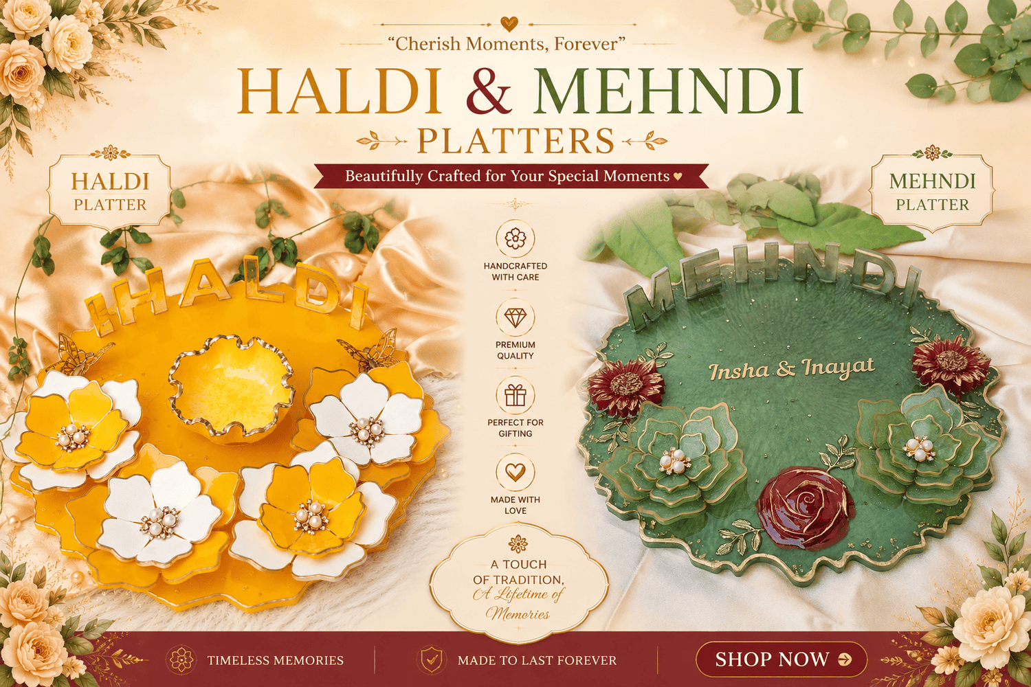 "Luxury Haldi and Mehndi platter set featuring handcrafted resin floral designs, pearl embellishments, and personalized wedding decor for Indian pre-wedding ceremonies."