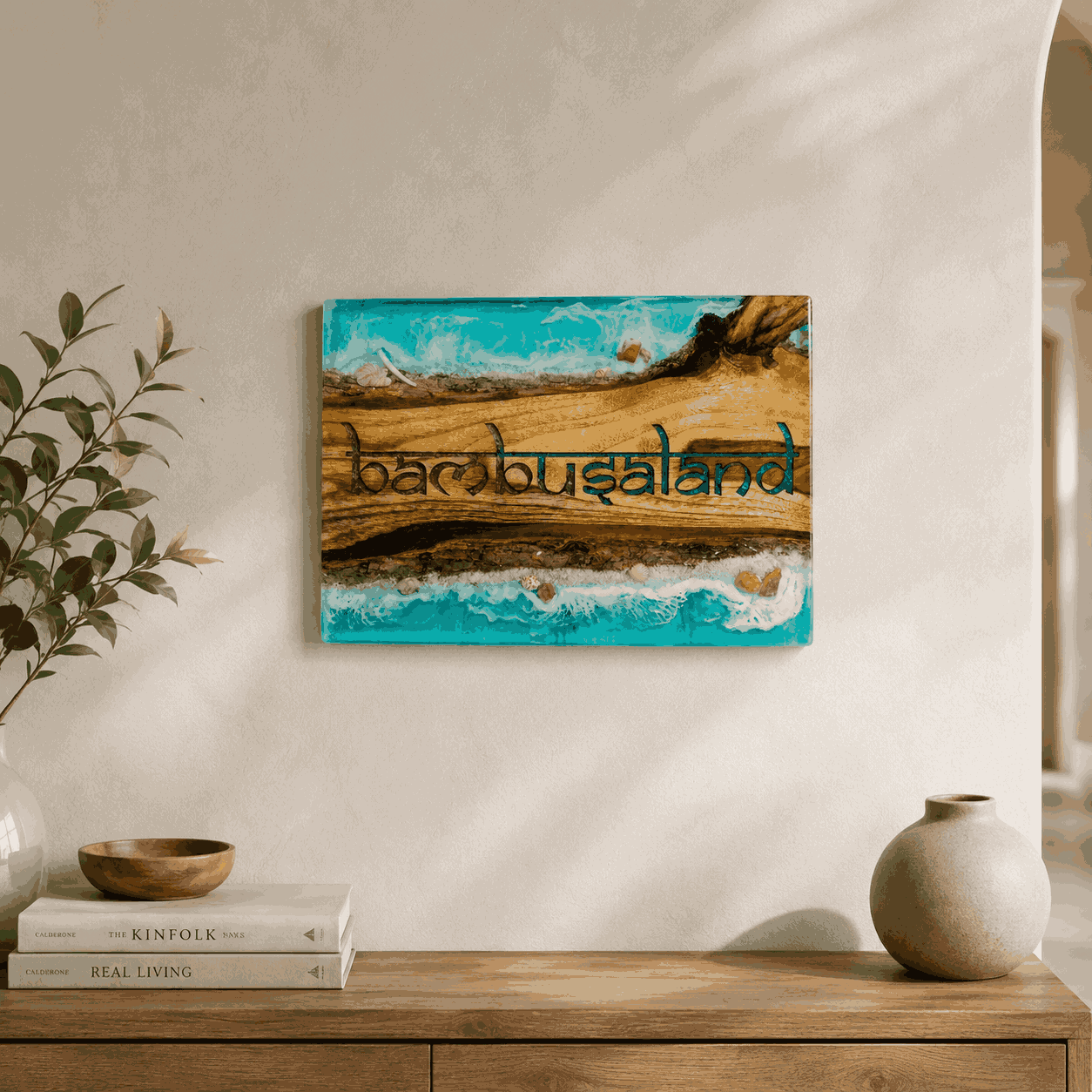Personalized ocean resin wooden name plate displayed on a modern home entrance wall