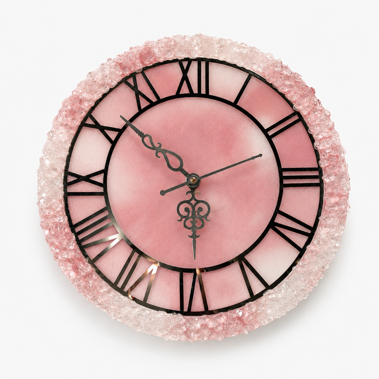 Pink crystal resin wall clock with blush face and black Roman numerals