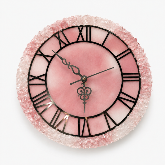 Pink crystal resin wall clock with blush face and black Roman numerals