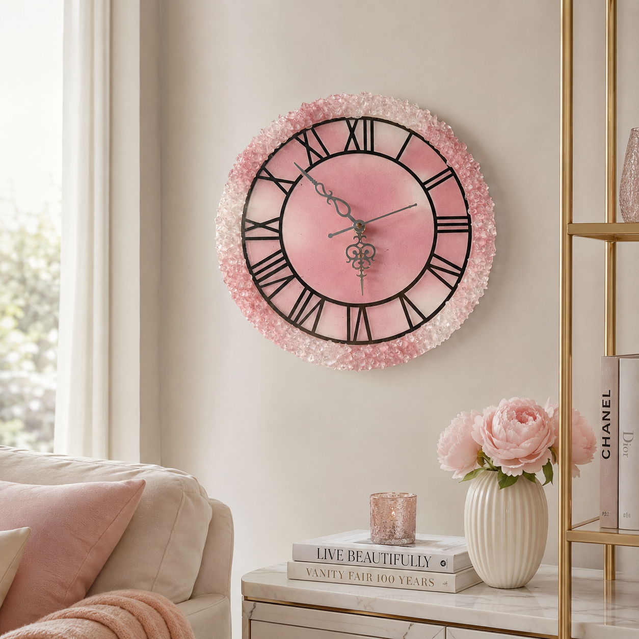 Pink crystal resin wall clock displayed on an elegant modern living room wall