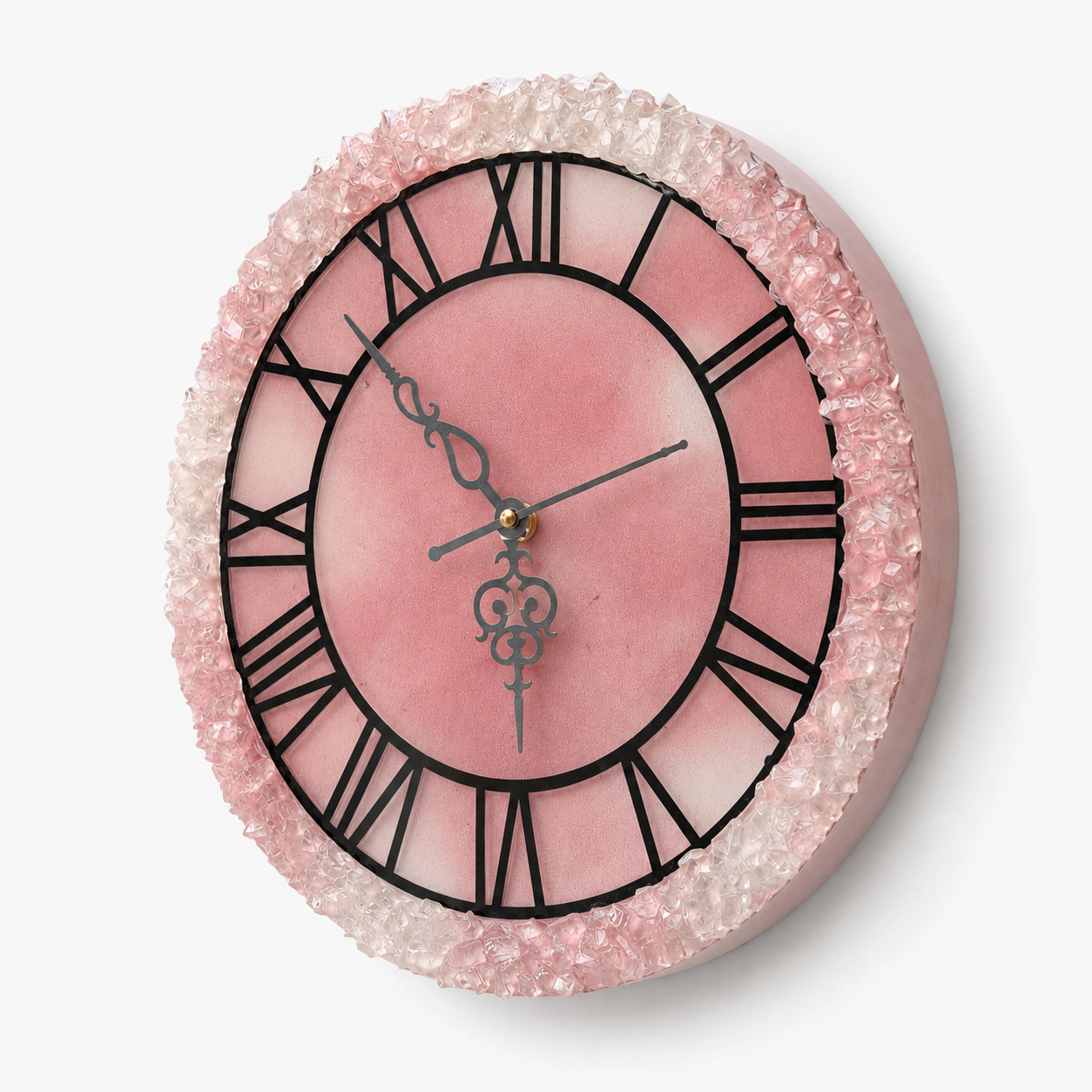 Angled view of pink crystal resin wall clock with textured crystal-style border
