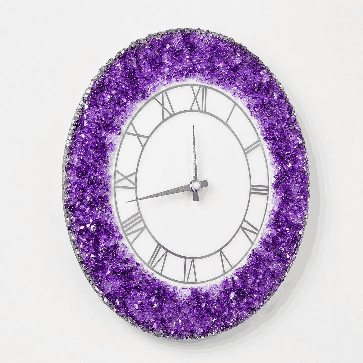 Angled view of purple crystal resin wall clock with silver Roman numeral detailing