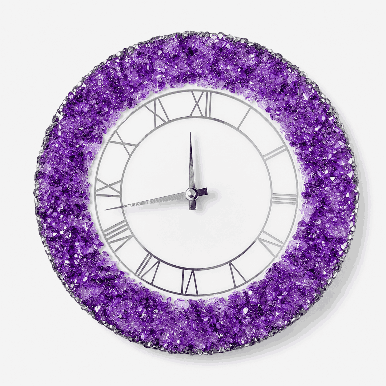 Purple crystal resin wall clock with white face and silver Roman numerals