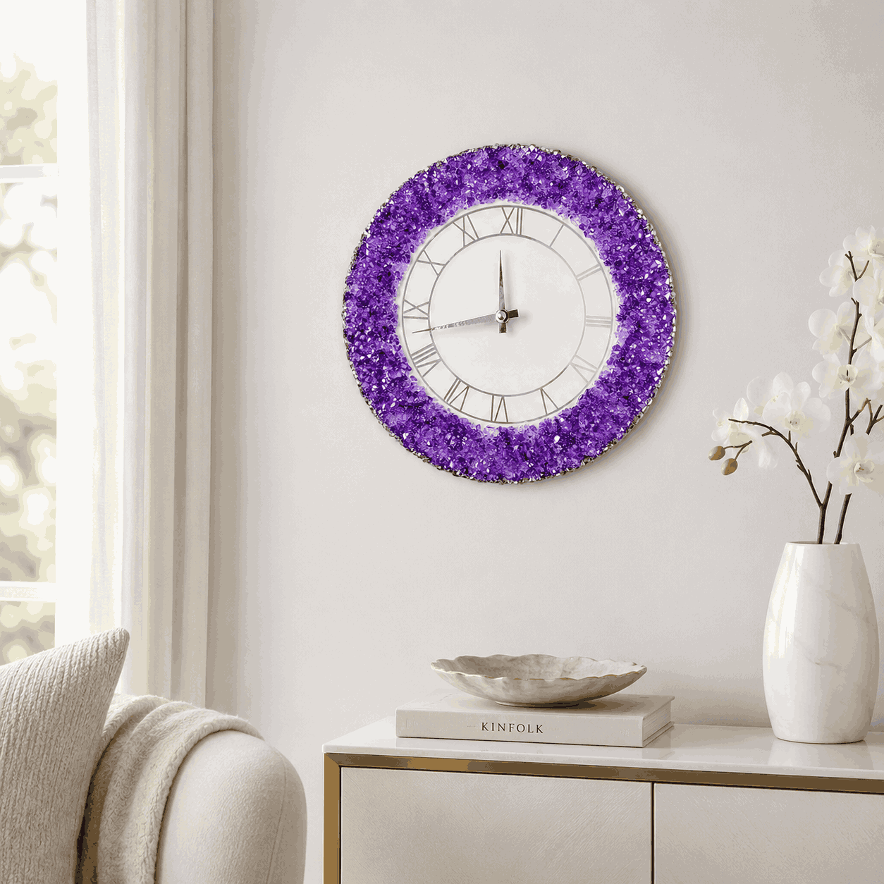 Purple crystal resin wall clock displayed on a bright modern living room wall