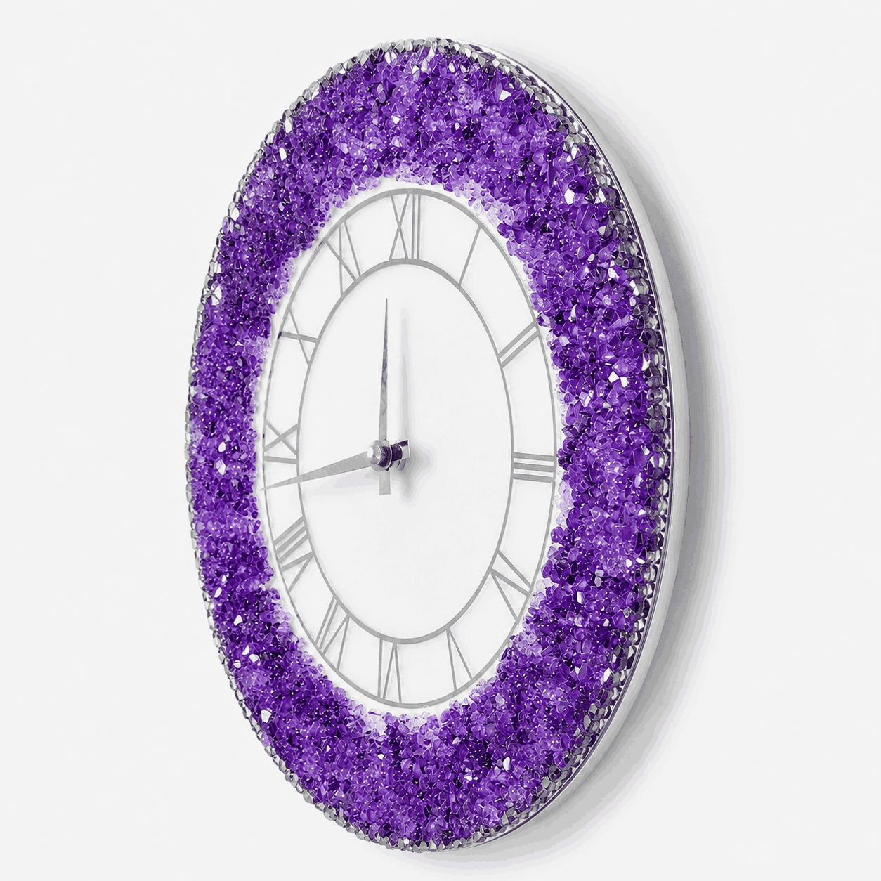 Slim side view of purple crystal resin wall clock showing thin resin edge
