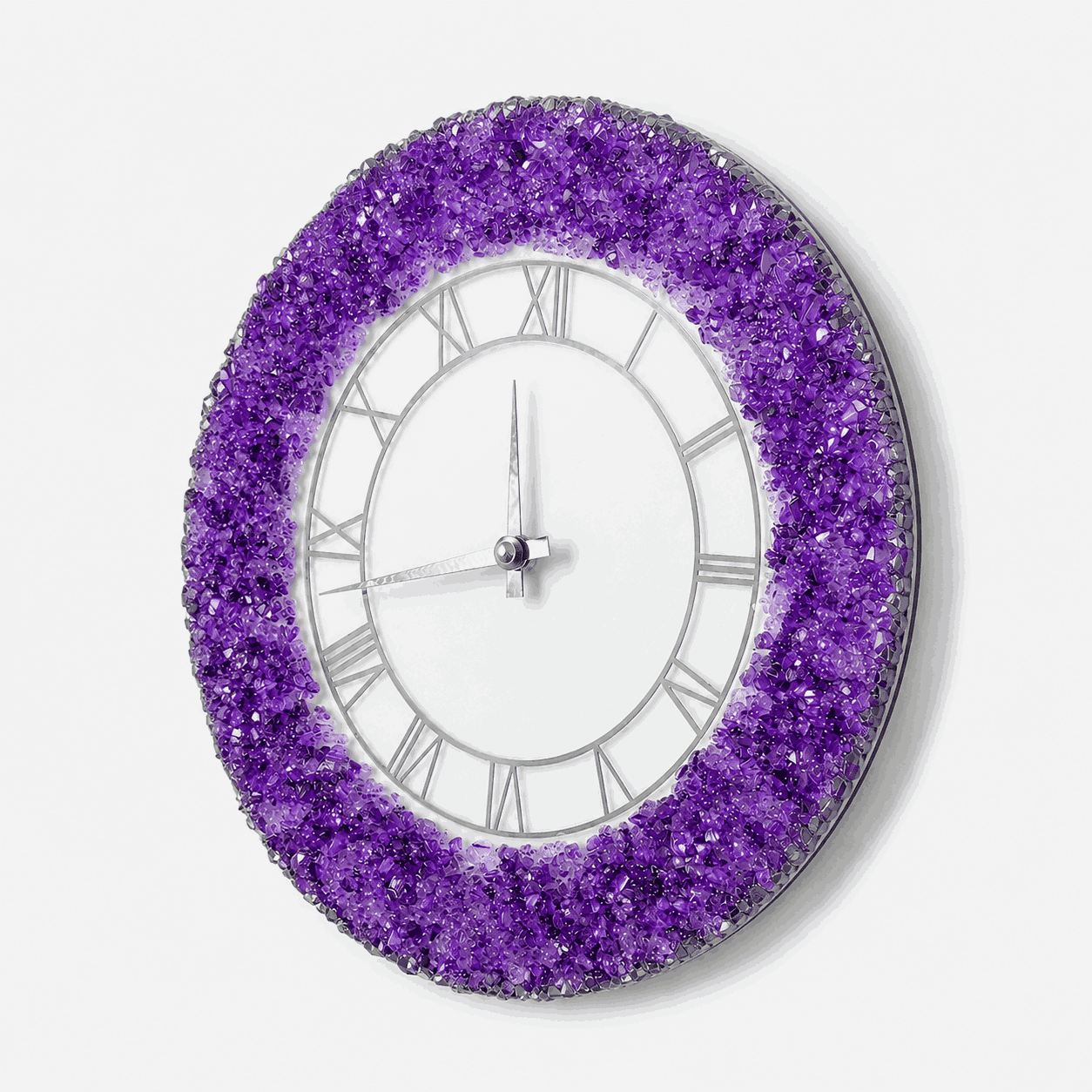 Three-quarter view of handmade purple crystal resin wall clock with violet textured border