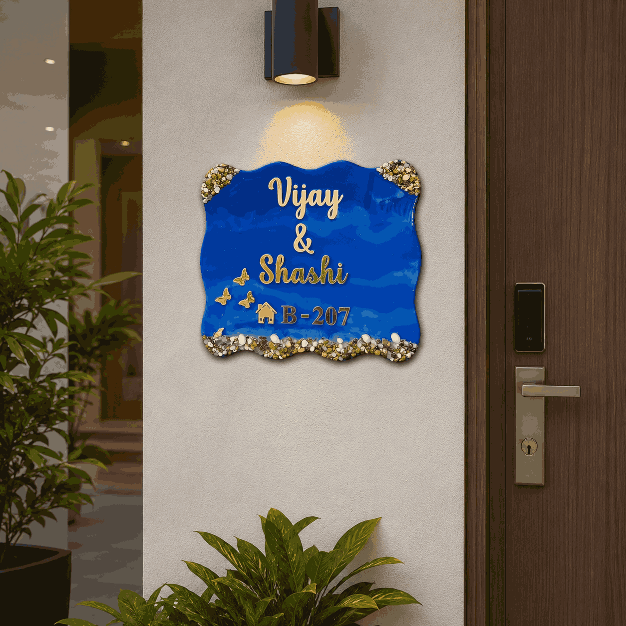 Royal Blue Pebble Resin Name Plate displayed beside a modern home entrance door