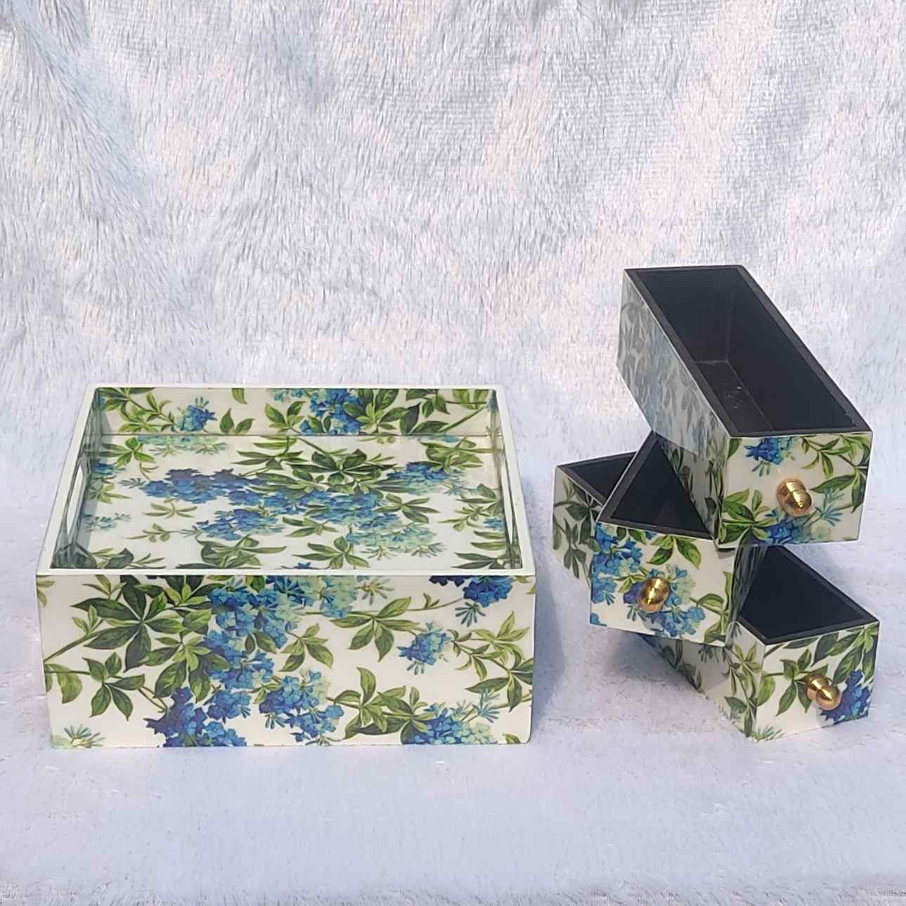 Blue Green Floral Print White Base